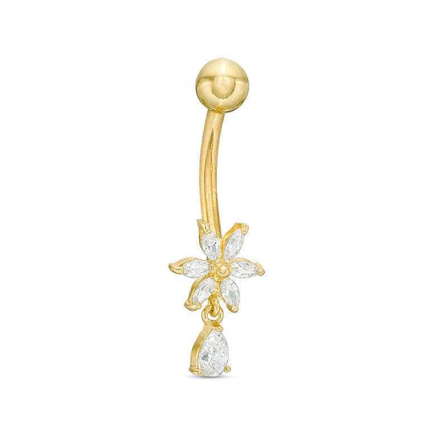 Banter 10K Solid Gold Cz Pear-Shaped Dangle Flower Belly Button Ring - 14G Belly Button