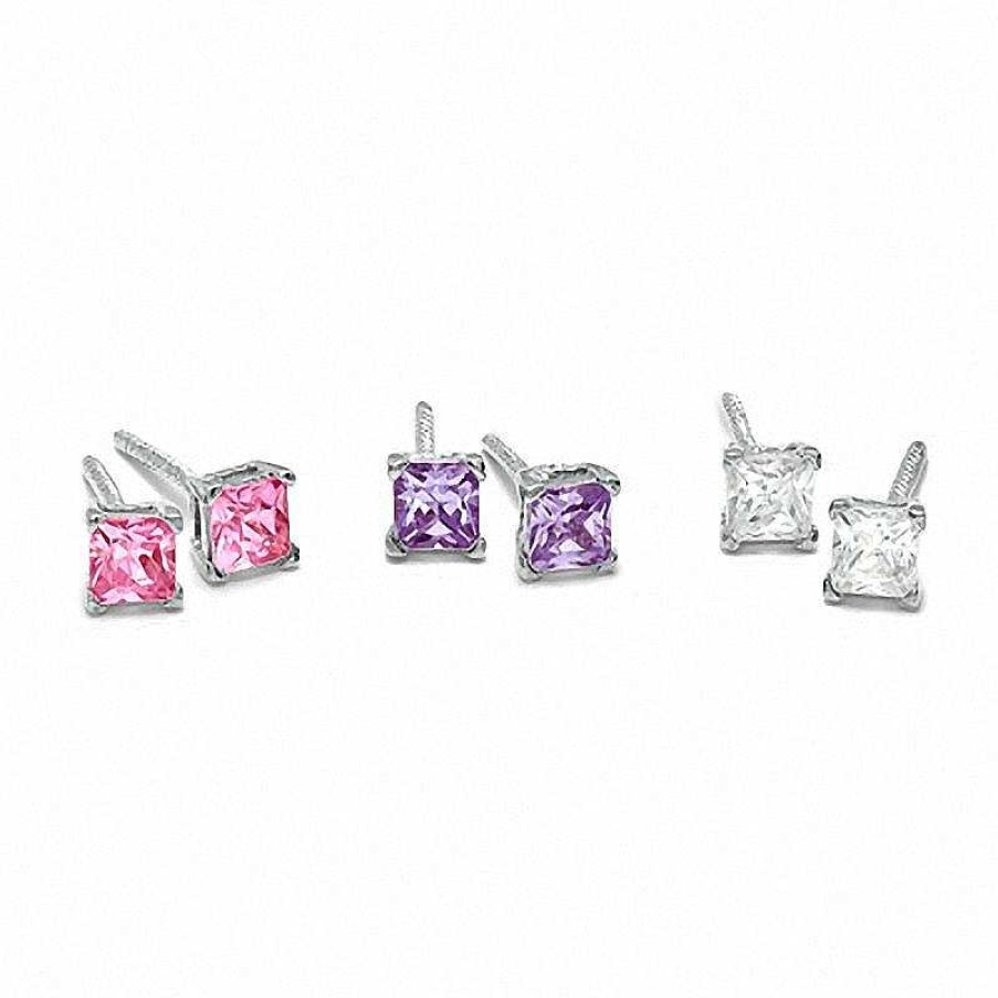 Banter Child'S 3Mm Princess-Cut Cubic Zirconia Stud Earrings Set In Sterling Silver Earrings