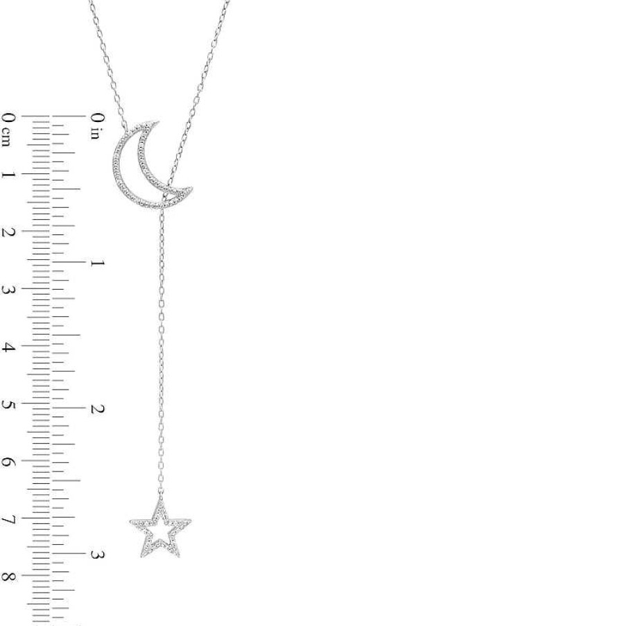 Banter 1/20 Ct. T.W. Diamond Beaded Crescent Moon And Star Outline Lariat Necklace In Sterling Silver Necklaces