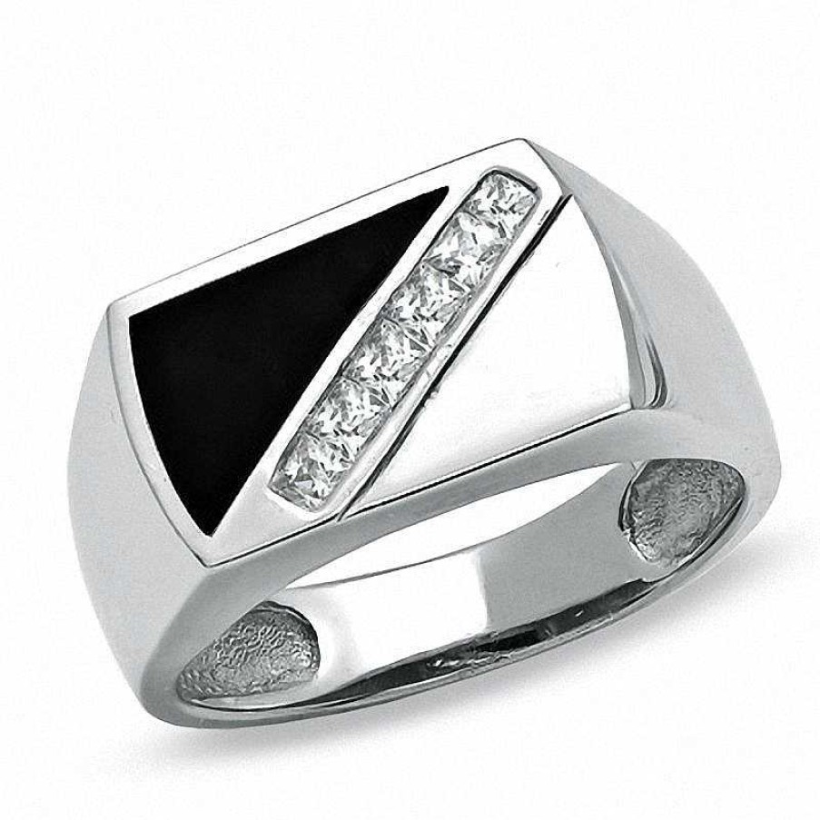 Banter Cubic Zirconia And Onyx Diagonal Ring In Sterling Silver Rings