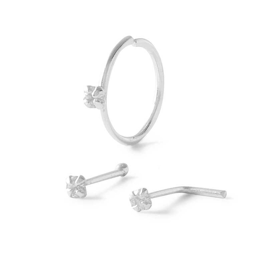 Banter Semi-Solid Sterling Silver Cz Solitaire Nose Stud And Ring Set - 20G Nose