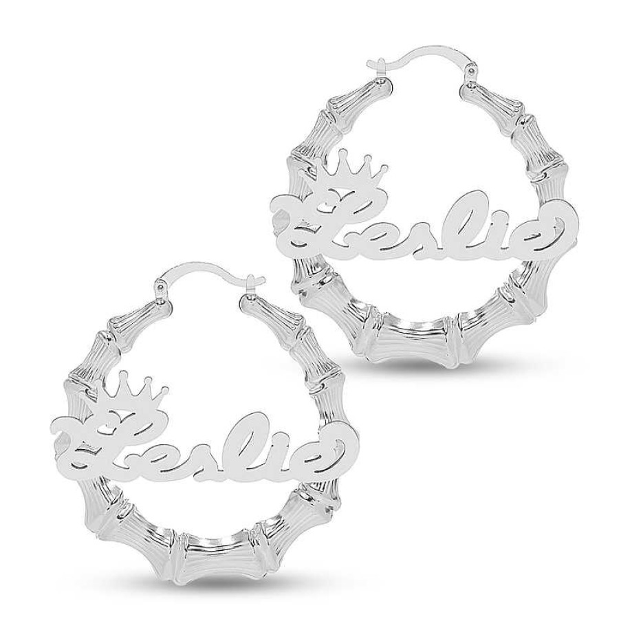 Banter Personalized Crown Name Bamboo Hoop Earrings In Sterling Silver Earrings