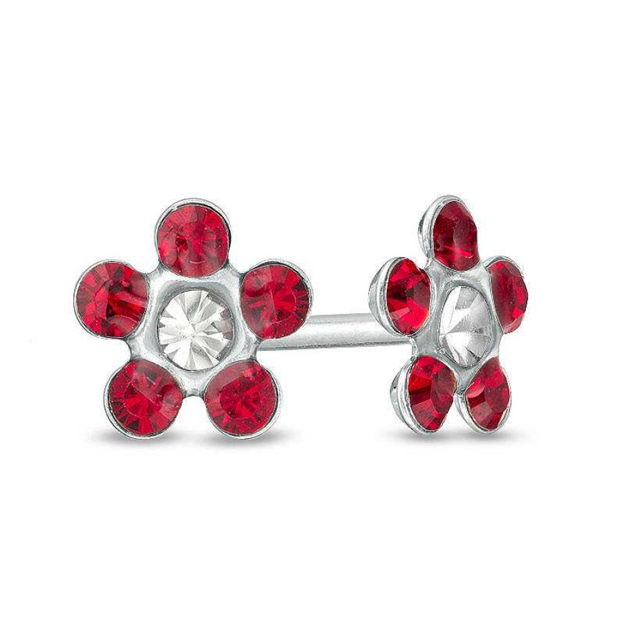 Banter Red Crystal Daisy Stud Piercing Earrings In 14K Solid White Gold Earrings