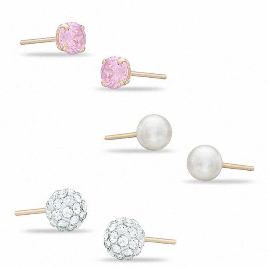 Banter 4Mm Simulated Pearl, Pink Cubic Zirconia And White Crystal Ball Stud Earrings Set In 10K Gold Earrings